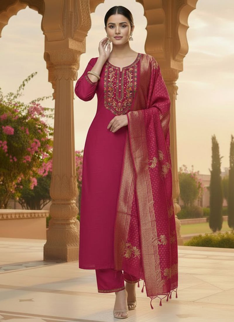 Charming Pink Silk Embroidered Straight Pant Suit Festive Wear