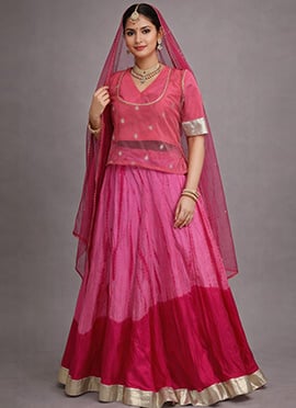 Charming Pink Silk Embroidered Umbrella Lehenga