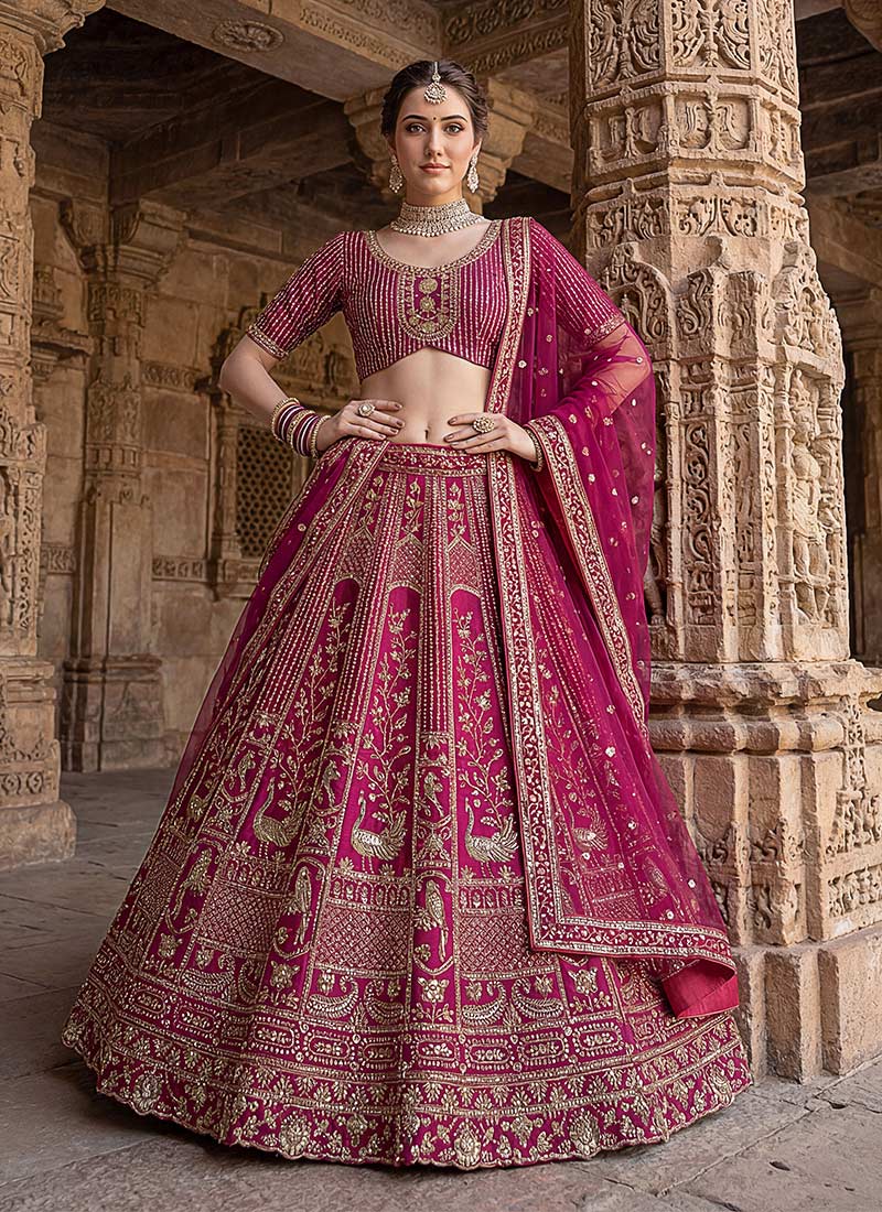 Charming Pink Silk Sequins Stones Zari Hand Embroidered Peacock Thread Umbrella Lehenga Wedding Wear