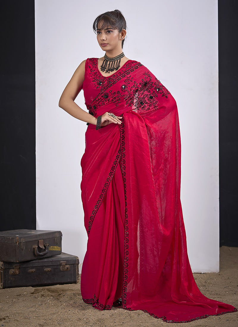 Charming Pink Silk Tikki Work Saree After Six Wear