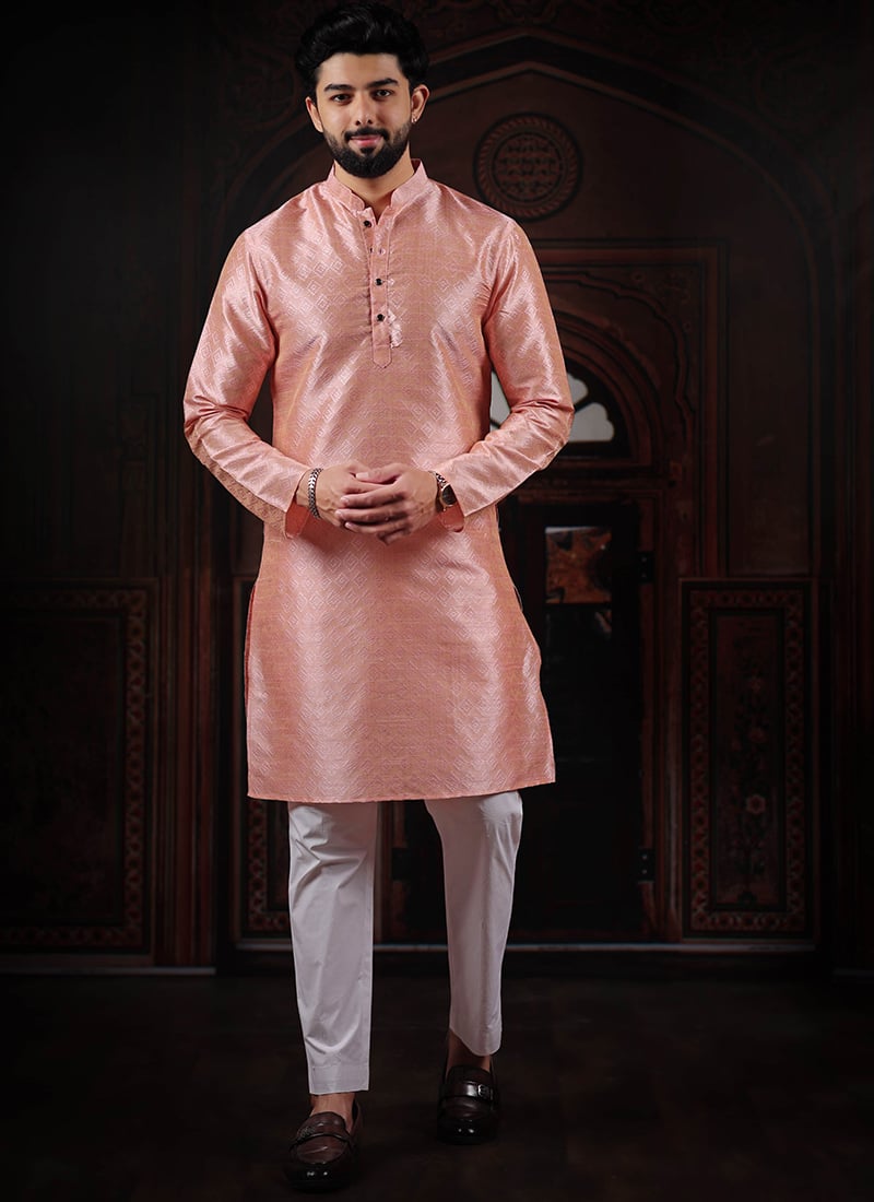 Charming Pink Silk Woven Designer Kurta Pyjama Festive Wear