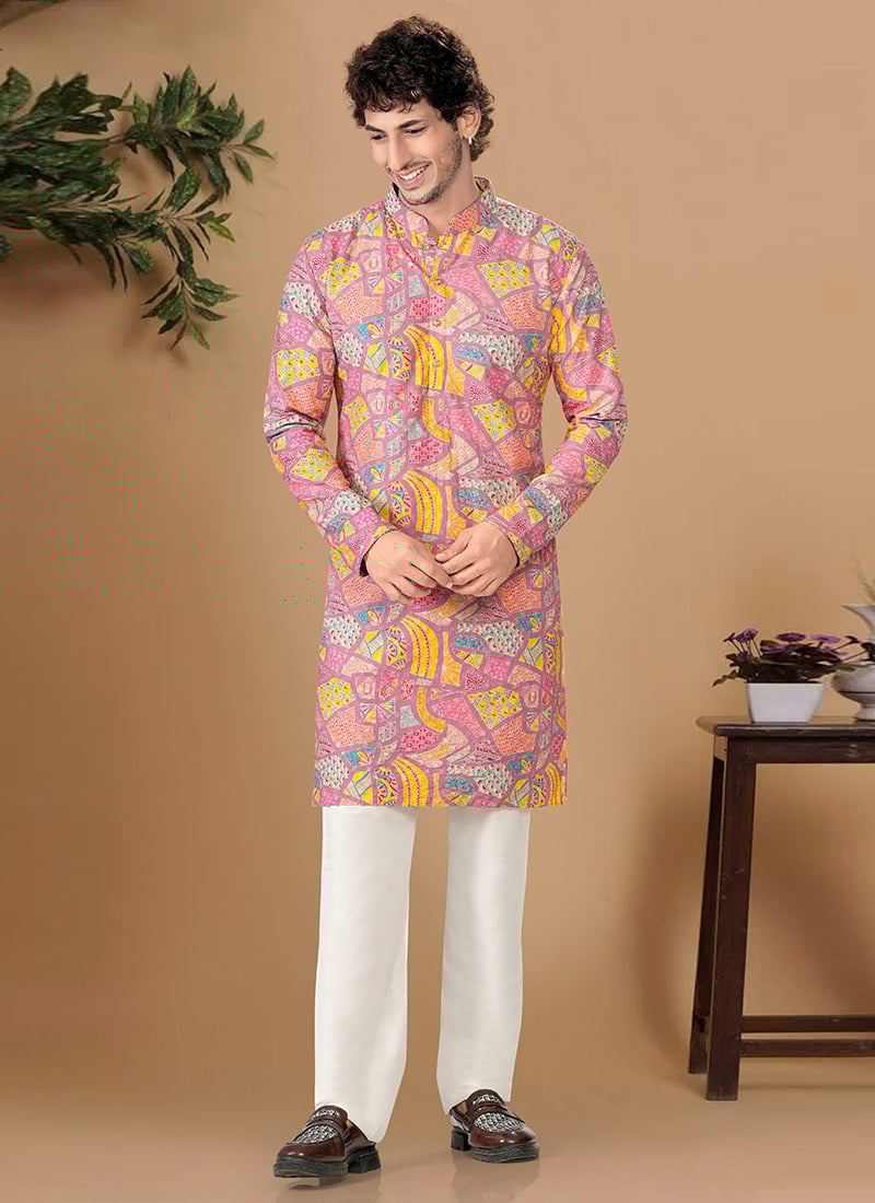 Charming Pink Soft Cotton Sequins Embroidered Printed Kurta Pyjama Festive Wear