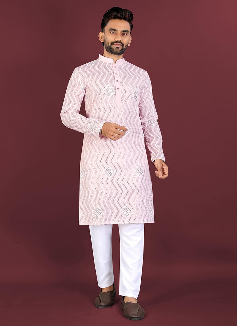 Charming Pink Soft Silk Embroidered Sequins Thread Kurta Pyjama Festive Wear