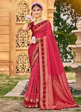 Charming Pink Soft Silk Jacquard Woven Ikkat Print Saree