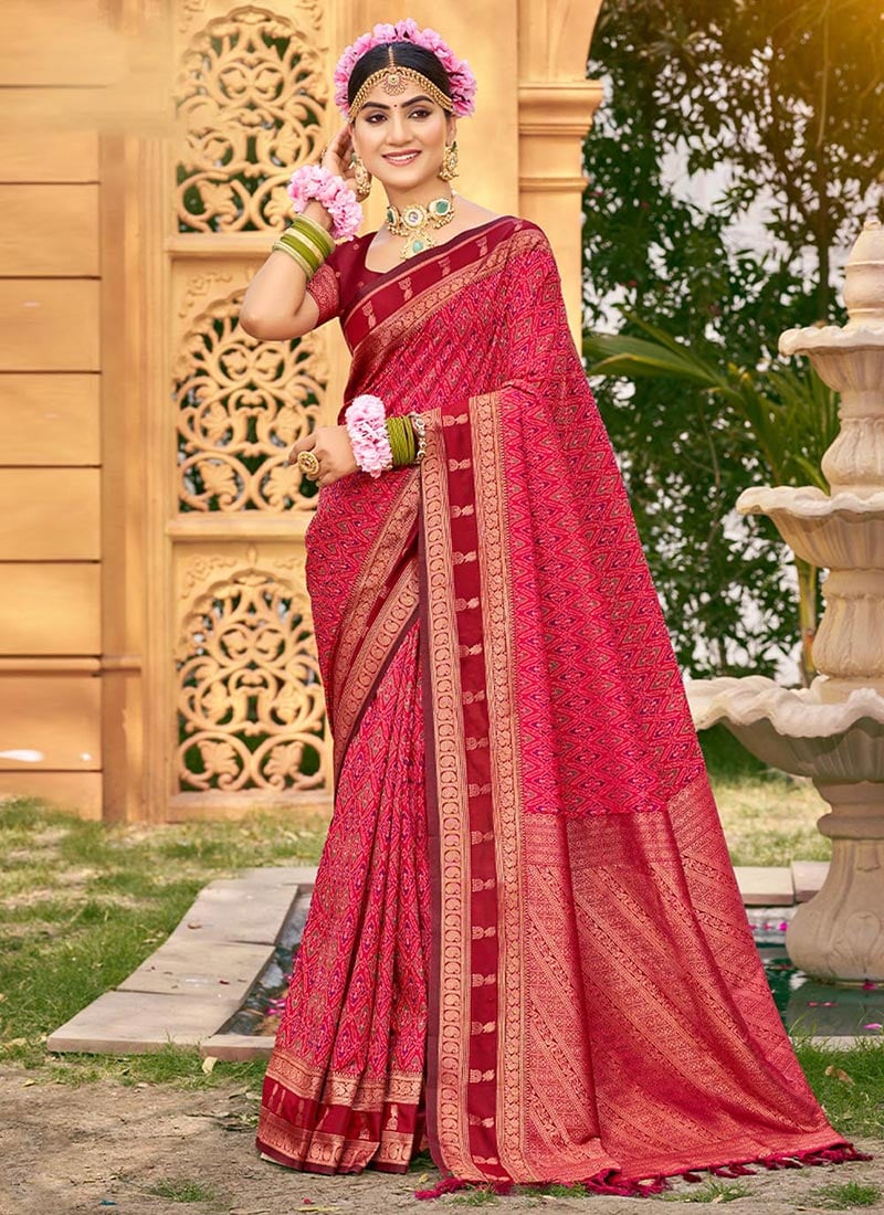 Charming Pink Soft Silk Jacquard Woven Ikkat Print Saree Festive Wear