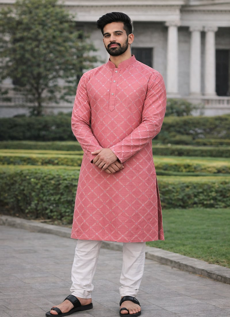 Charming Pink Soft Silk Sequins Embroidered Kurta Pyjama Festive Wear