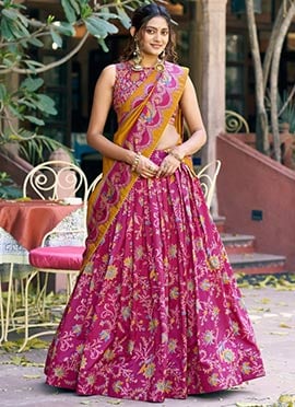 Charming Pink Tussar Silk Foil Print Umbrella Lehenga