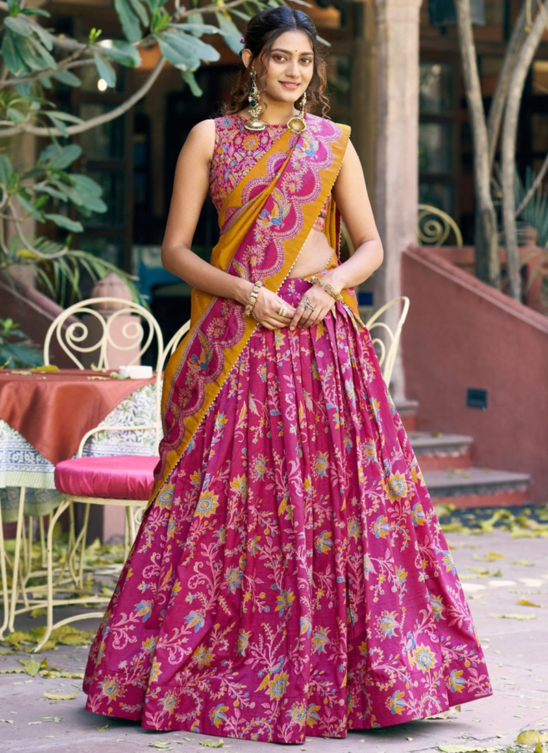 Charming Pink Tussar Silk Foil Print Umbrella Lehenga Festive Wear