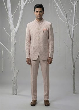 Charming Pink Velvet Sequins Embroidered Thread Bandhgala Suit