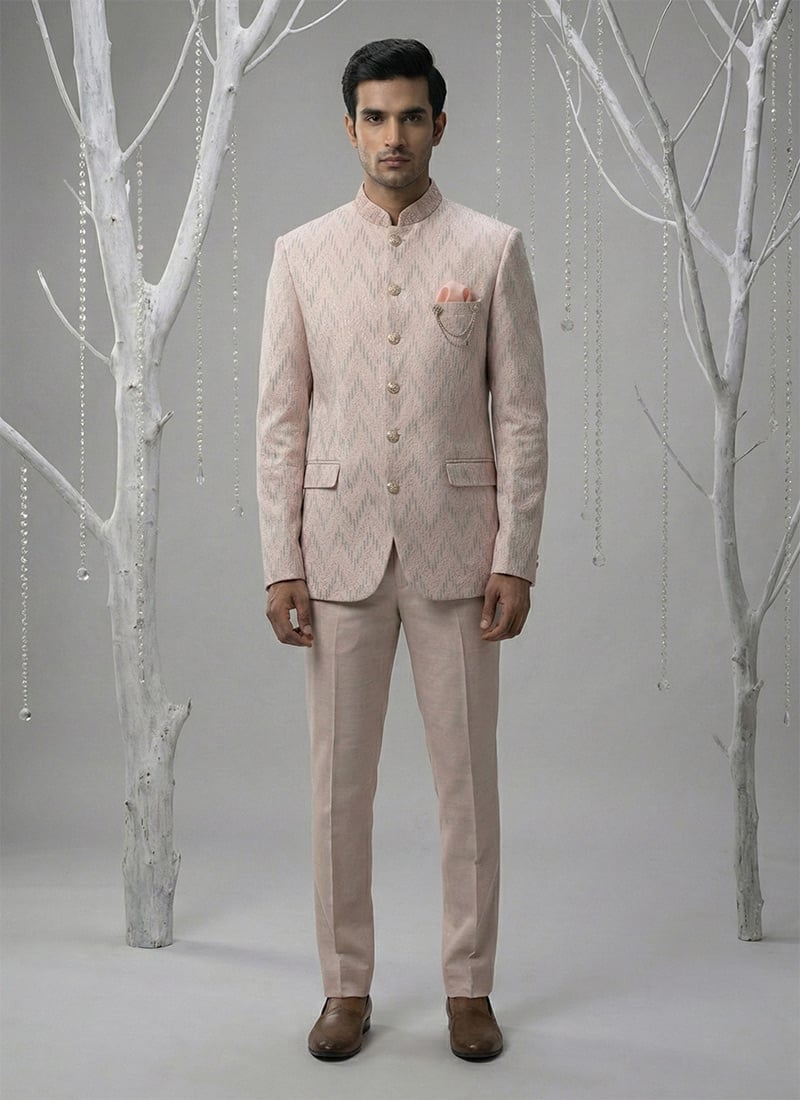 Charming Pink Velvet Sequins Embroidered Thread Bandhgala Suit Wedding Wear