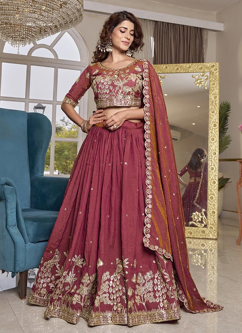 Charming Pink Vichitra Silk Embroidered Sequins Thread Umbrella Lehenga Wedding Wear