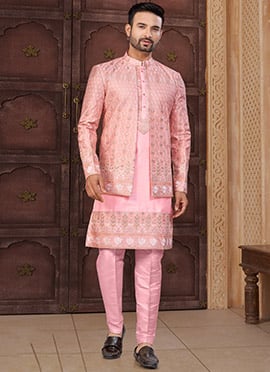 Charming Pink Zari Jackard Banarasi Silk Stones Zari Indowestern Sherwani