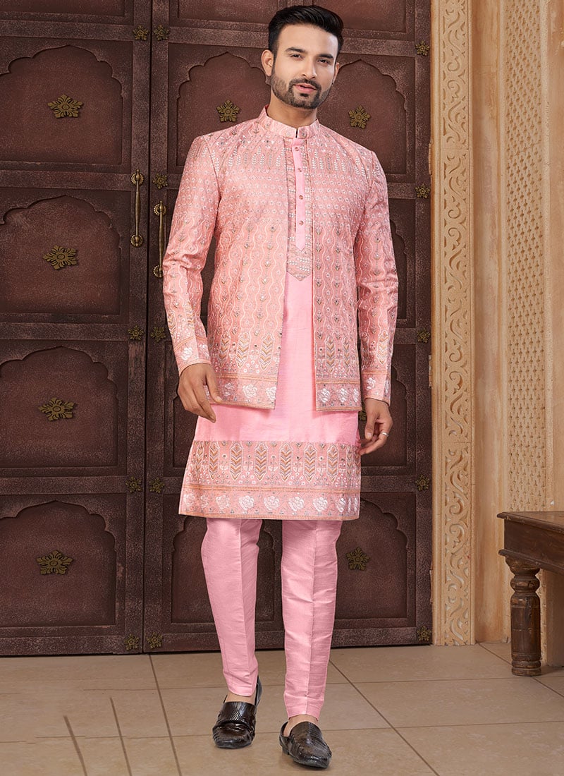Charming Pink Zari Jackard Banarasi Silk Stones Zari Indowestern Sherwani Wedding Wear