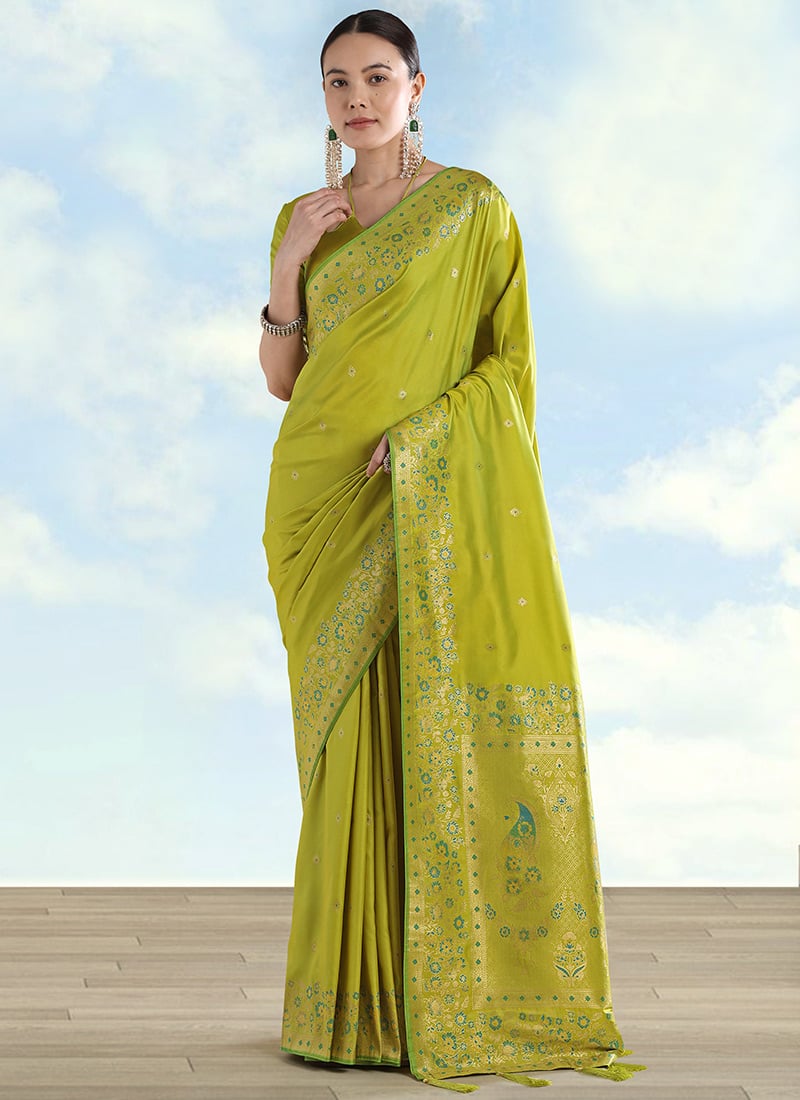 Charming Pista Green Banarasi Satin Silk Zari Woven Saree Festive Wear