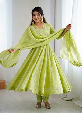 Charming Pista Green Crunchy Silk Embroidered Sequins Anarkali Suit