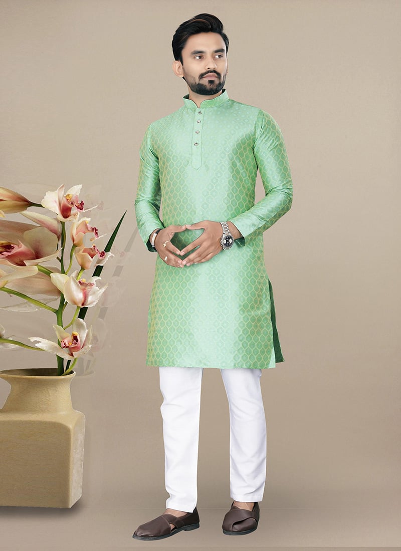 Charming Pista Green Jacquard Silk Kurta Pyjama Festive Wear