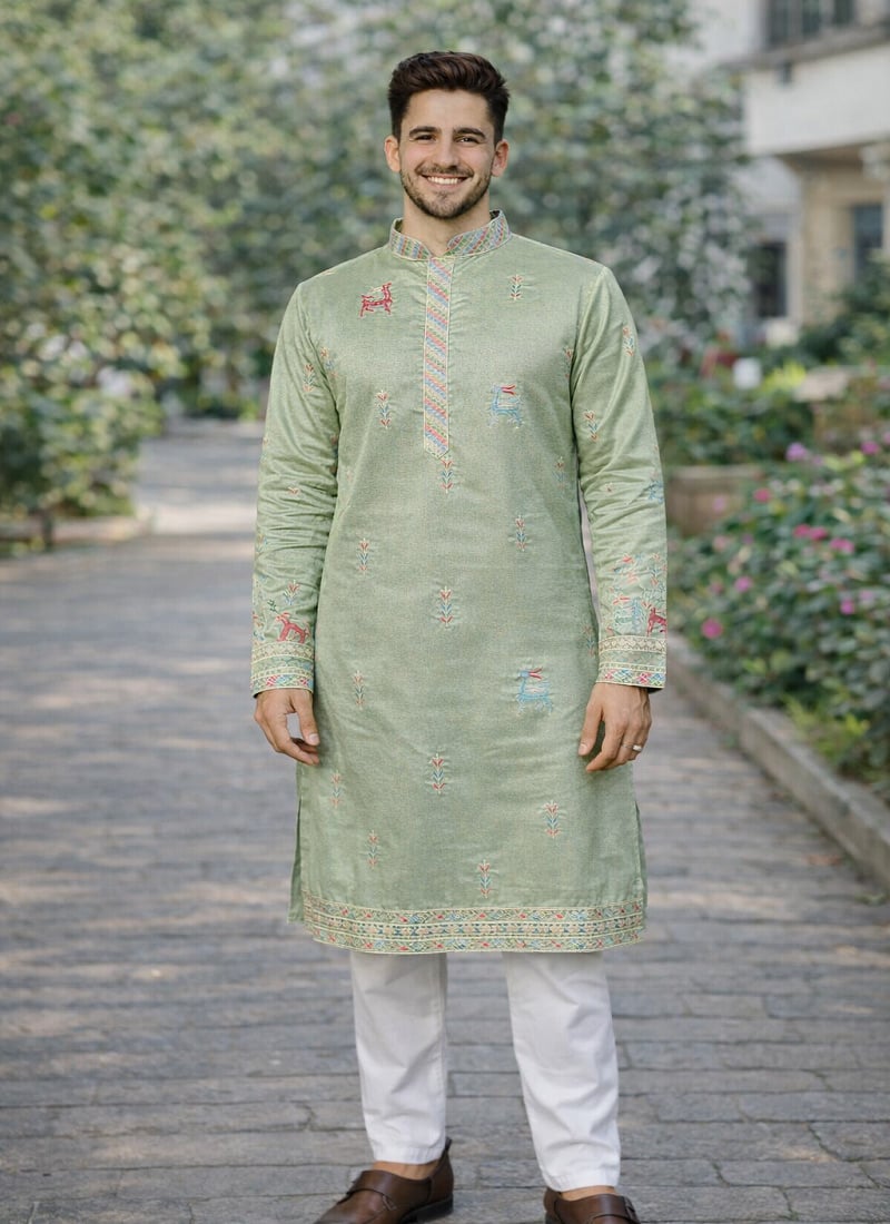 Charming Pista Green Soft Silk Thread Embroidered Kurta Pyjama Festive Wear