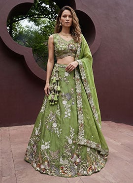 Charming Pista Tissue Embroidered Umbrella Lehenga