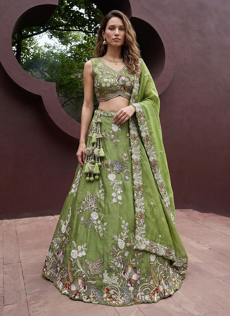 Charming Pista Tissue Embroidered Umbrella Lehenga Wedding Wear