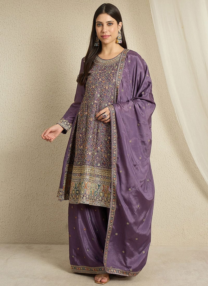 Charming Purple Chinon Embroidered Sequins Palazzo Suit Festive Wear