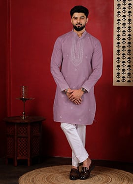 Charming Purple Cotton Embroidered Kurta Pyjama
