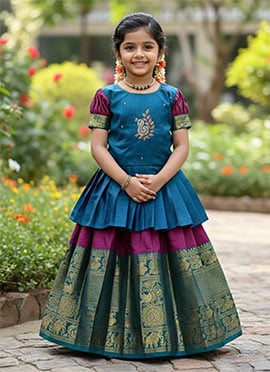 Charming Purple Jacquard Work Kids Girls Indowestern Set