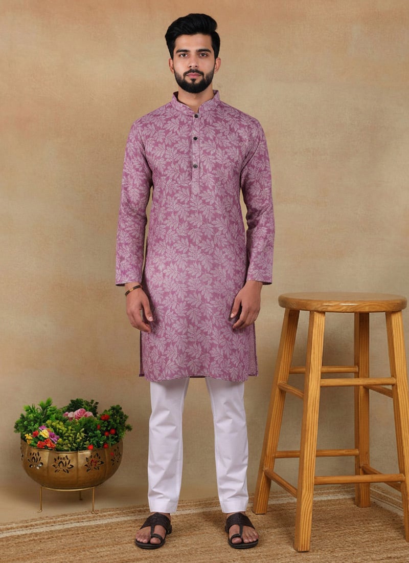 Charming Purple Linen Printed Kurta Pyjama Festive Wear