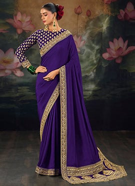 Charming Purple Muga Silk Zari Sequins Resham Embroidered Saree