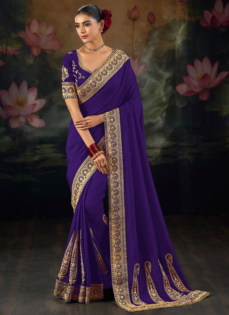 Charming Purple Muga Silk Zari Sequins Resham Embroidered Saree Wedding Wear