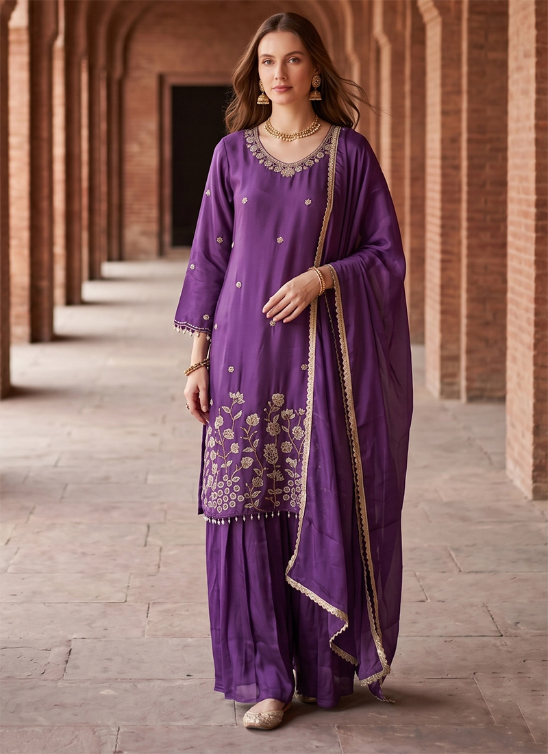 Charming Purple Rangoli Silk Beads Embroidered Zari Palazzo Suit Festive Wear