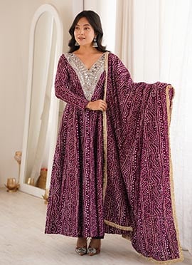 Charming Purple Rayon Bandhani Mirror Work Anarkali Suit