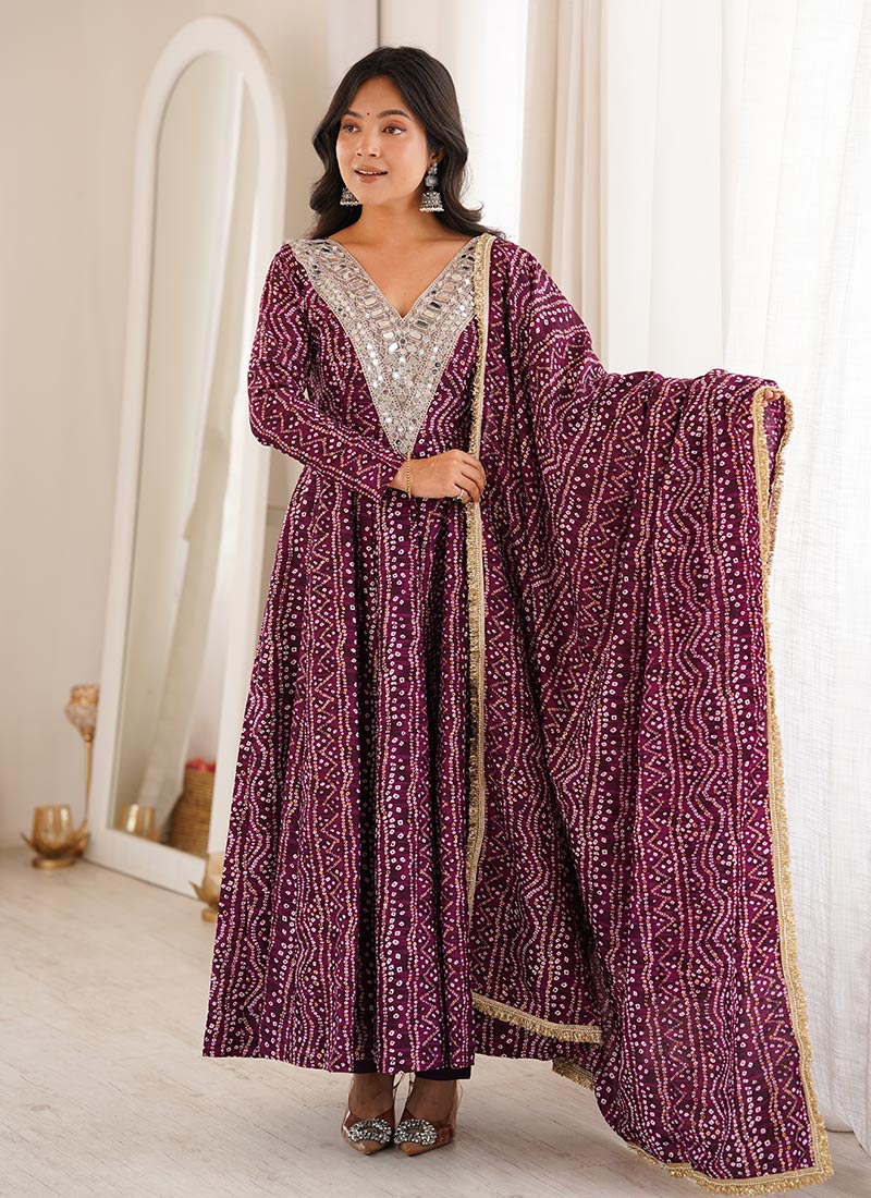 Charming Purple Rayon Bandhani Mirror Work Anarkali Suit Festive Wear