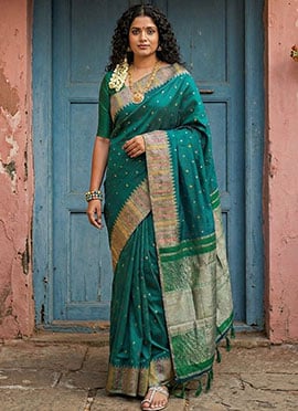 Charming Rama Green Silk Blend Zari Jacquard Saree