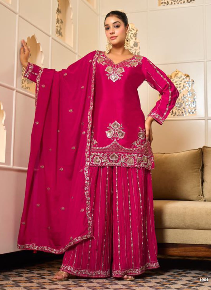 Charming Rani Pink Georgette Zari Embroidered Sequins Sharara Suit Festive Wear