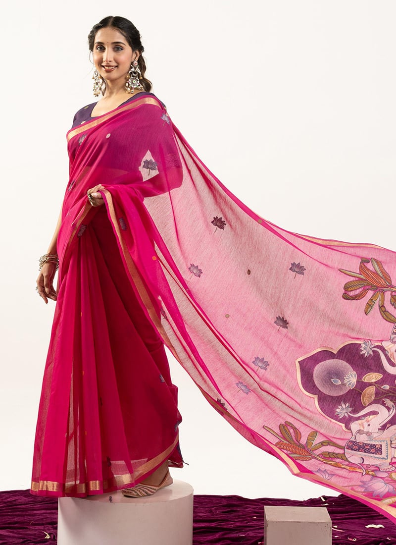 Charming Rani Pink Muga Cotton Zari Printed Woven Saree After Six Wear