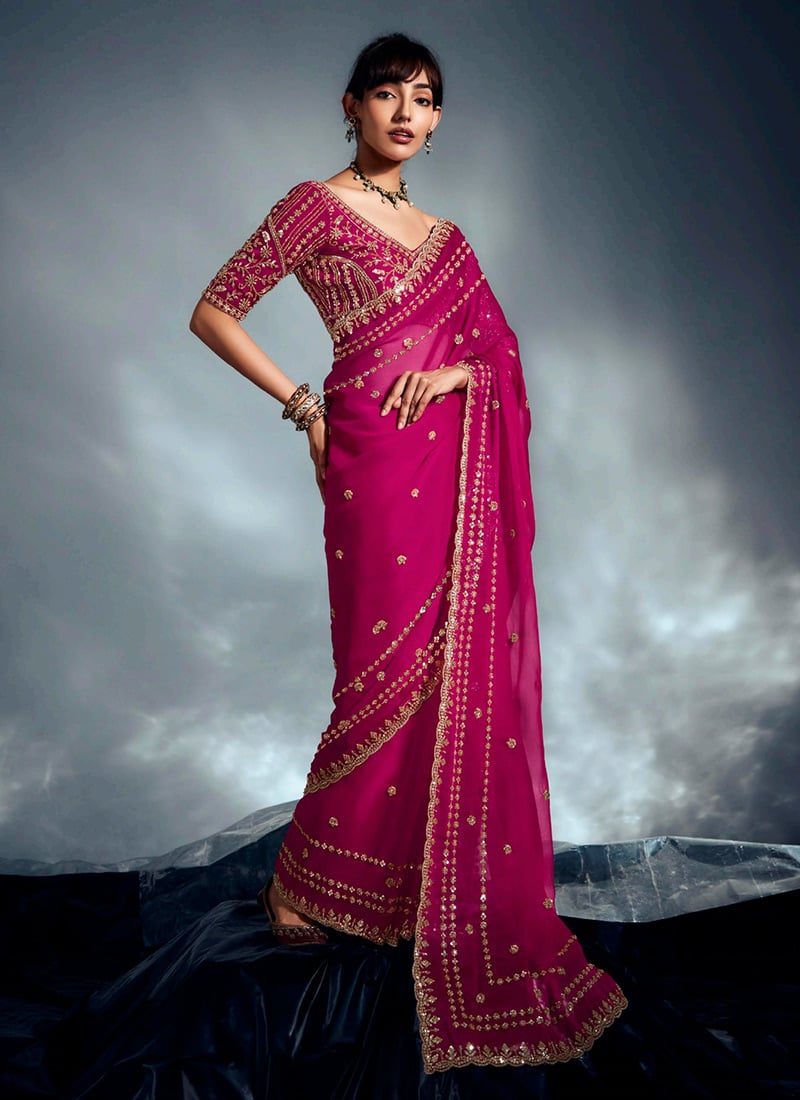 Charming Rani Pink Tissue Moti Sequins Saree Wedding Wear