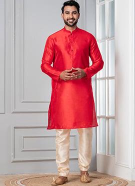 Charming Red Dupion Silk Plain Kurta Pyjama