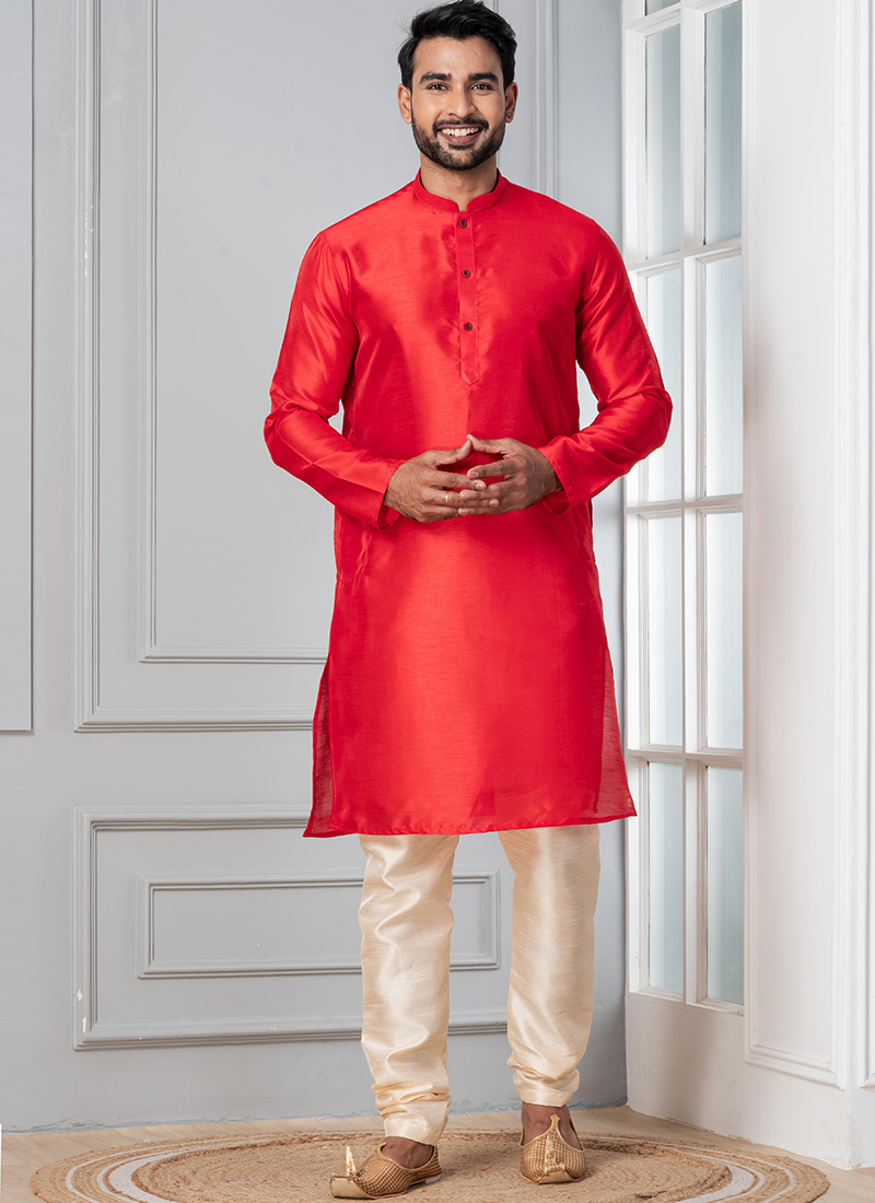 Charming Red Dupion Silk Plain Kurta Pyjama Festive Wear