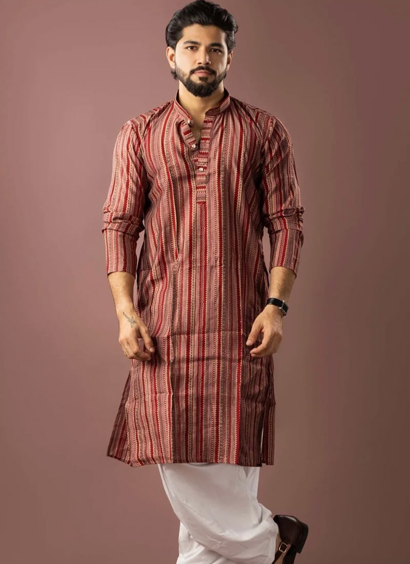 Charming Red Modal Silk Printed Kurta Pyjama Festive Wear