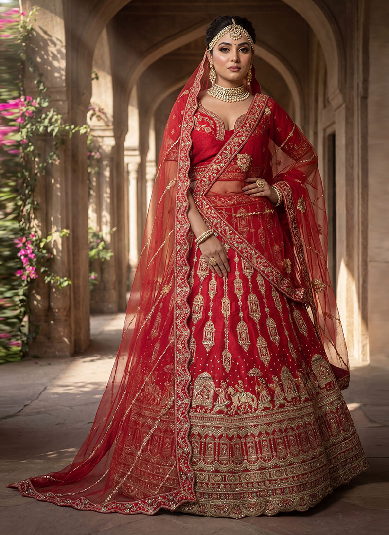 Charming Red Silk Zari Embroidered Sequins Thread Umbrella Lehenga Wedding Wear