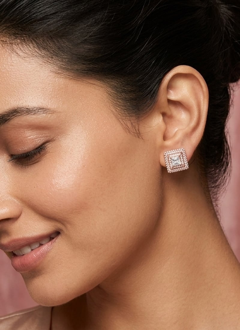 Charming Rose Gold 925 Sterling Silver Stud Earrings With Moissanite Design Wedding Wear