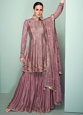 Charming Rose Gold Chinon Embroidered Sequins A Line Sharara Suit