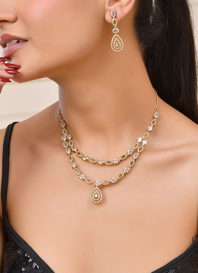 Charming Rose Gold Stone Kundan Necklace Wedding Wear