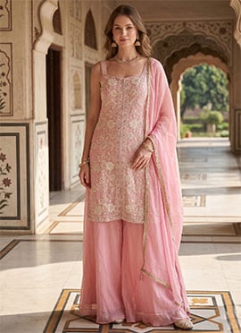 Charming Rose Pink Chinnon Silk Beads Embroidered Sequins Palazzo Suit