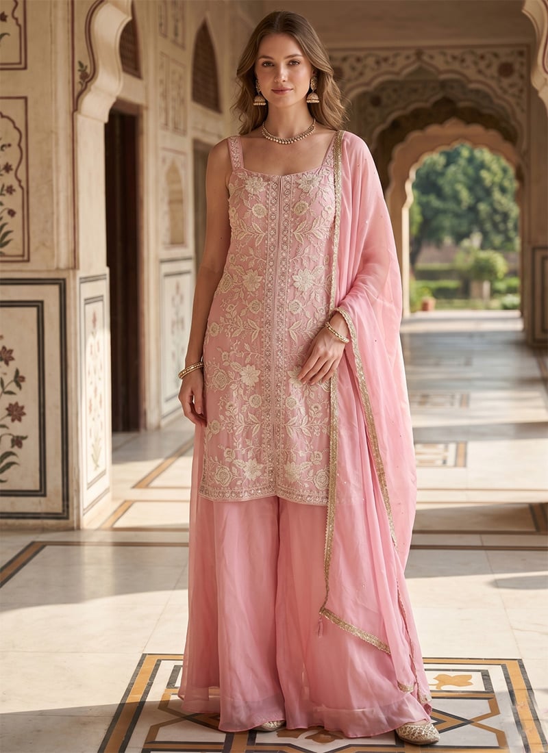 Charming Rose Pink Chinnon Silk Beads Embroidered Sequins Palazzo Suit After Six Wear