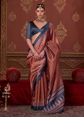Charming Rust Silk Ikkat Print Saree
