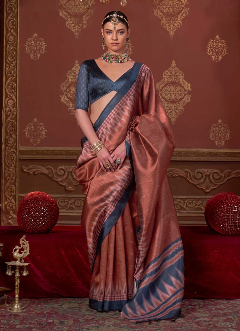Charming Rust Silk Ikkat Print Saree Festive Wear