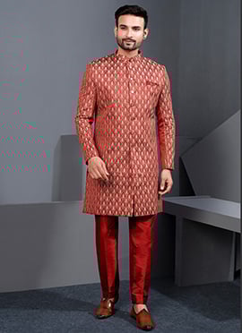 Charming Rust Silk Zari Embroidered Thread Indowestern Sherwani