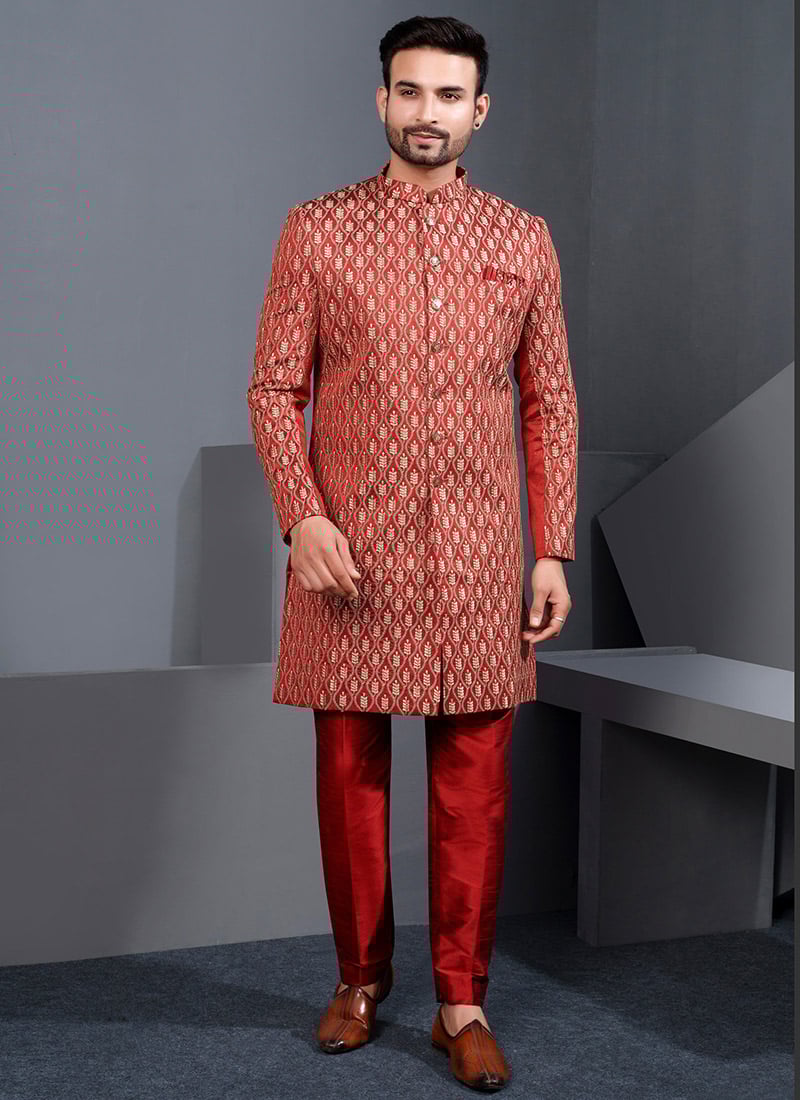 Charming Rust Silk Zari Embroidered Thread Indowestern Sherwani Wedding Wear