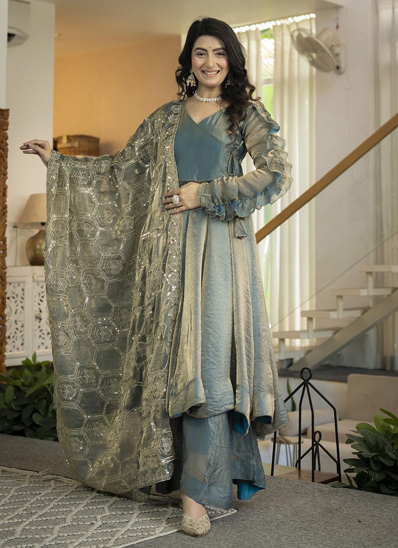 Charming Sea Green Fandy Silk Embroidered Sequins Anarkali Suit Festive Wear